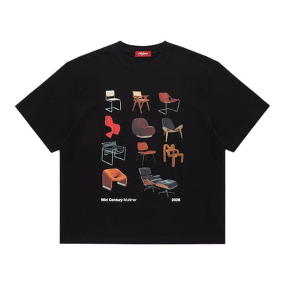 OFFCODE.USA Black T-Shirt with a collage of iconic mid-century modern chairs.