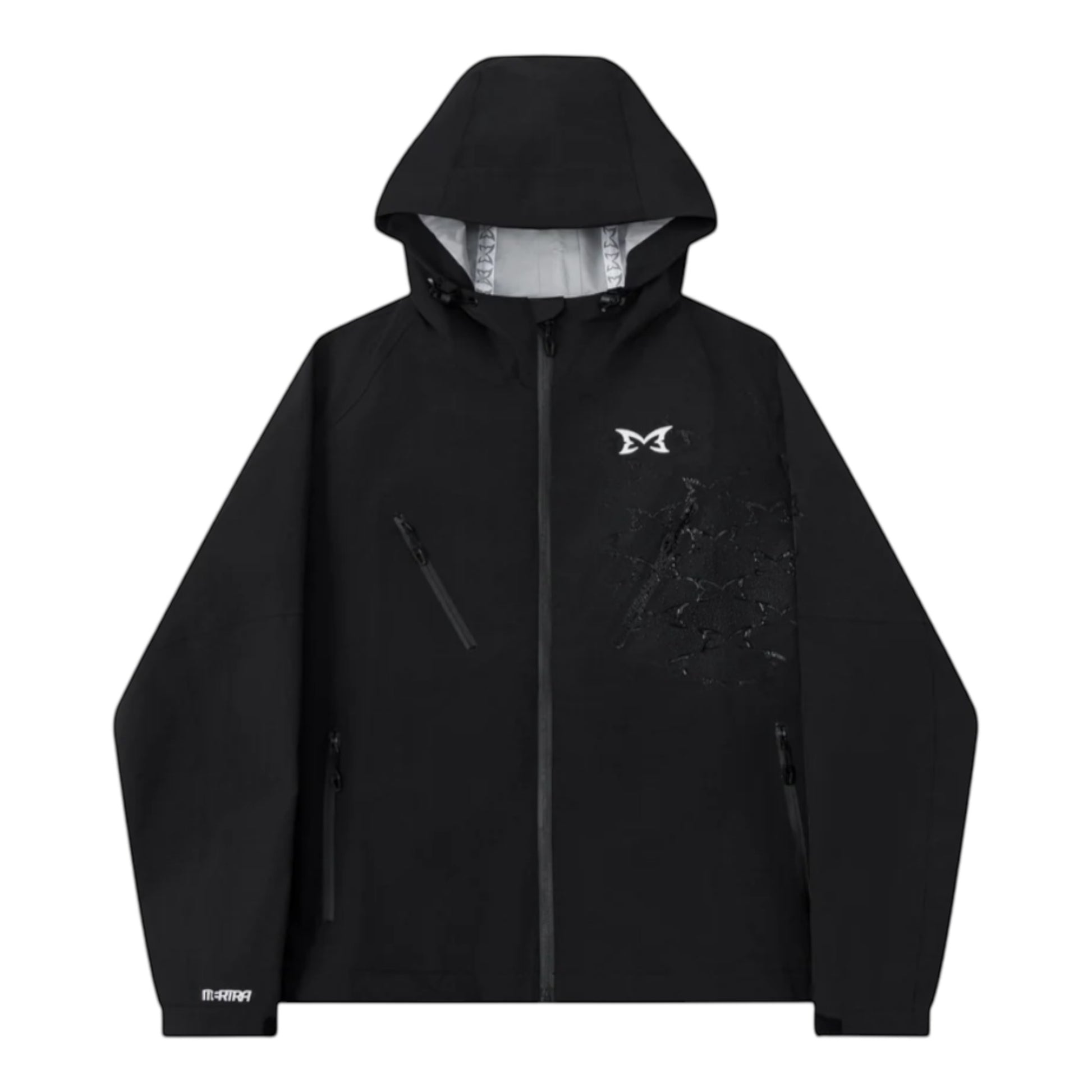 OFFCODE.USA Monogram Shell Jacket 2.0 in black, featuring a full zip, hood, and textured graphic detail on the chest.