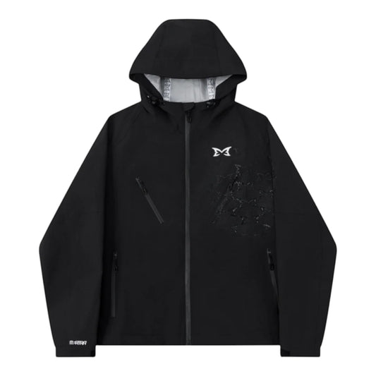 OFFCODE.USA Monogram Shell Jacket 2.0 in black, featuring a full zip, hood, and textured graphic detail on the chest.