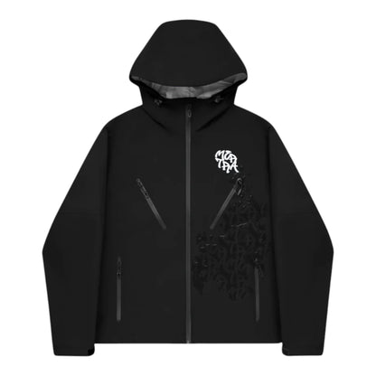 OFFCODE.USA black nylon taslan shell jacket with waterproof monogram pattern, 3D logos, and multiple zipper pockets.