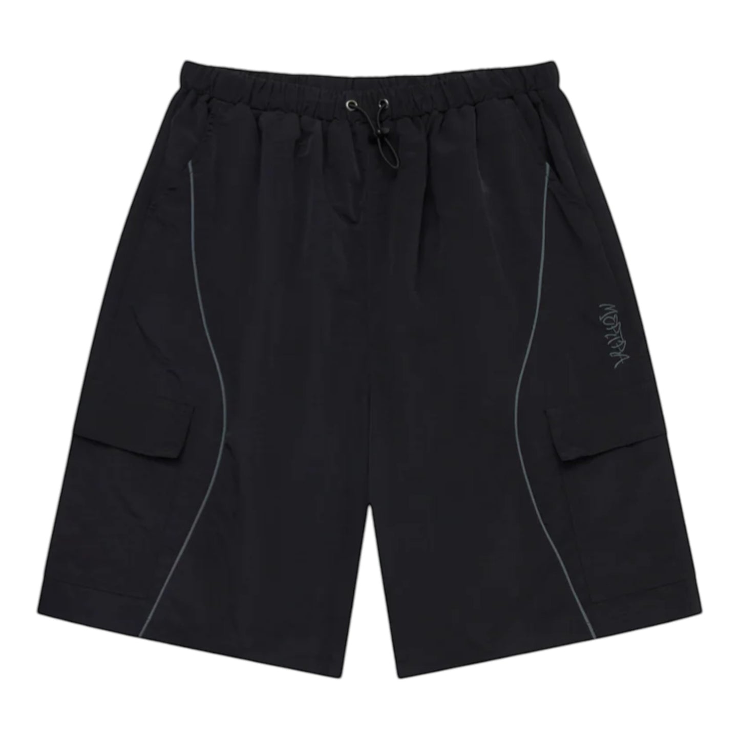 OFFCODE.USA black nylon cargo shorts with mesh lining, drawstring waist, 3D piping, and embroidered graphics.