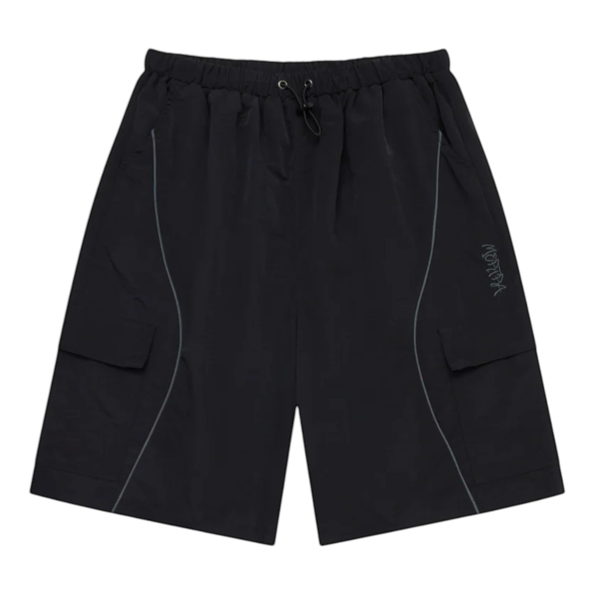 OFFCODE.USA black nylon cargo shorts with mesh lining, drawstring waist, 3D piping, and embroidered graphics.