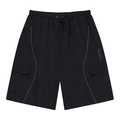 OFFCODE.USA black nylon cargo shorts with mesh lining, drawstring waist, 3D piping, and embroidered graphics.