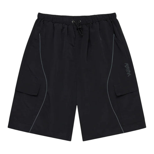OFFCODE.USA black nylon cargo shorts with mesh lining, drawstring waist, 3D piping, and embroidered graphics.