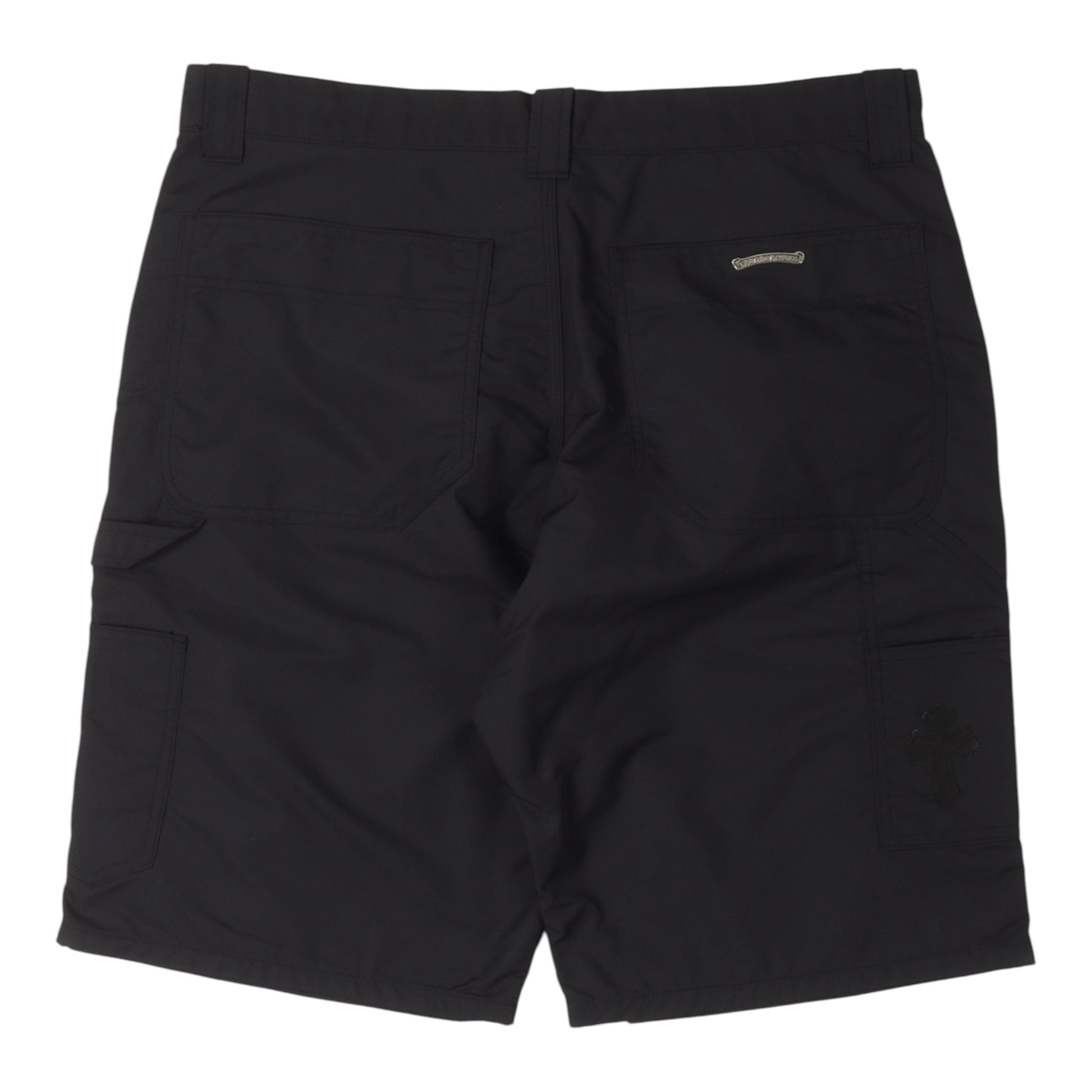 OFFCODE.USA black nylon carpenter shorts with double knee detail and silver hardware accents on the back pocket.