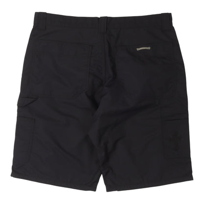 OFFCODE.USA black nylon carpenter shorts with double knee detail and silver hardware accents on the back pocket.