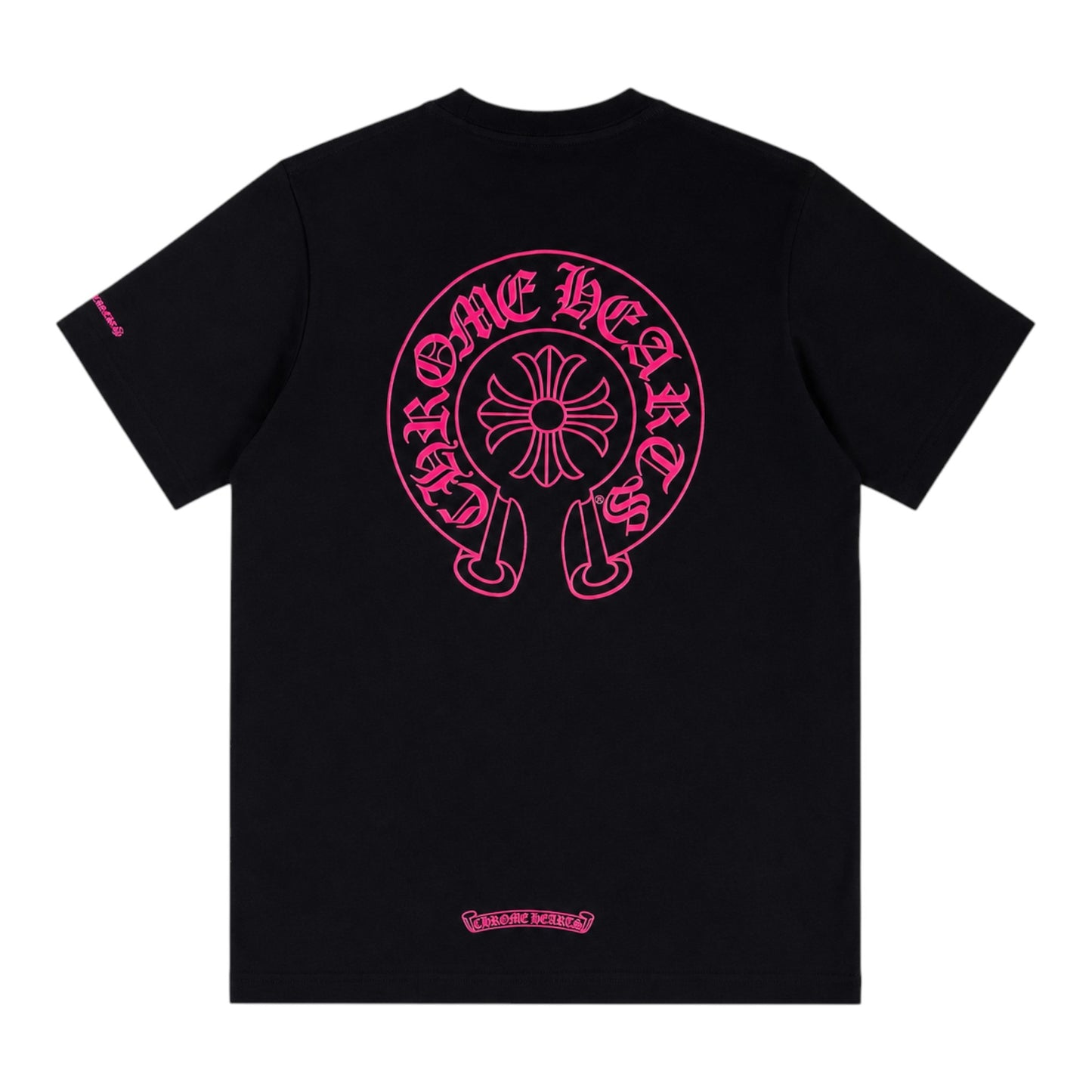 OFFCODE.USA black cotton t-shirt featuring a large pink Chrome Hearts horseshoe logo on the back