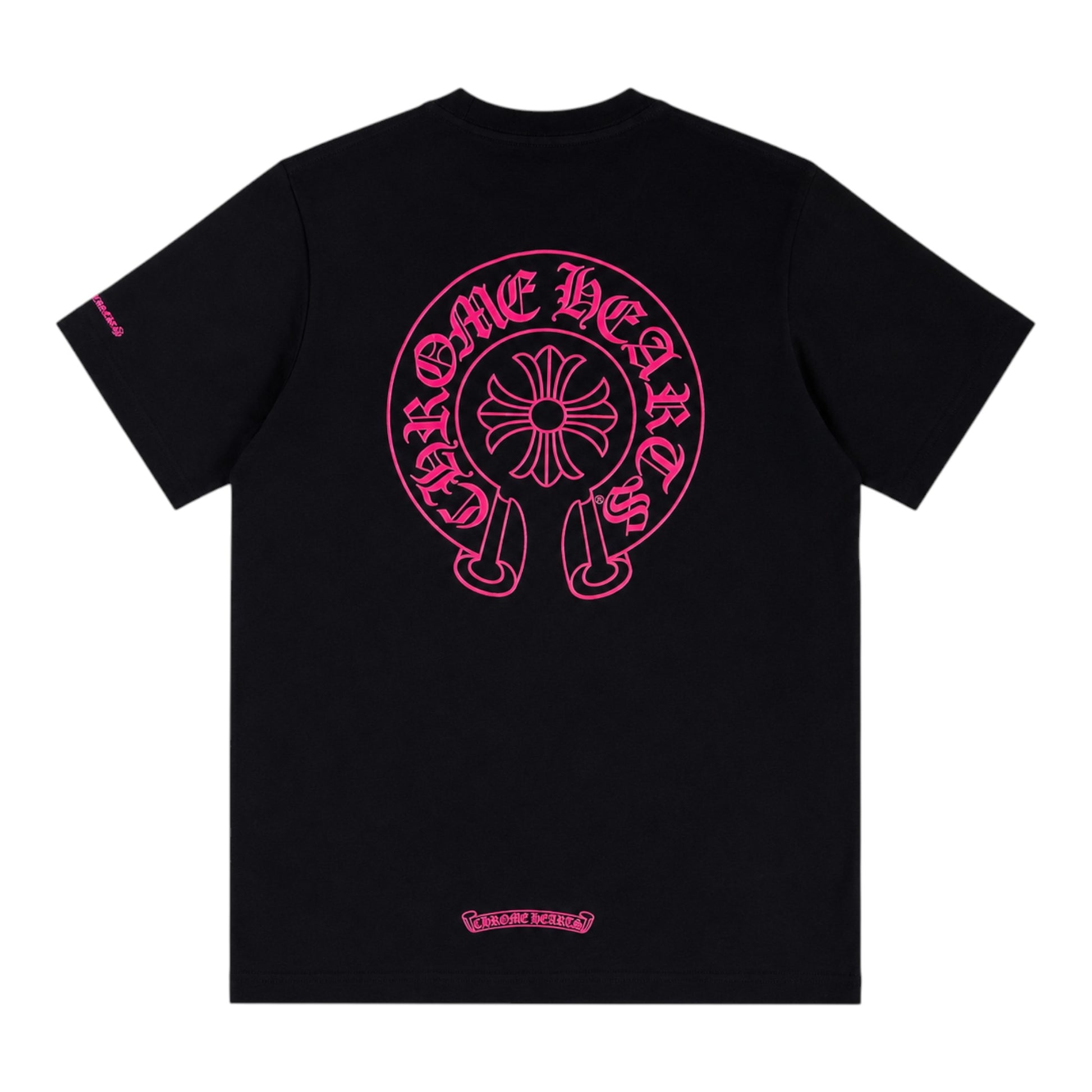 OFFCODE.USA black cotton t-shirt featuring a large pink Chrome Hearts horseshoe logo on the back