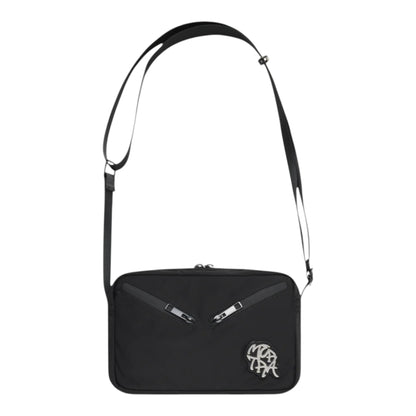 OFFCODE.USA black polyester side bag with adjustable strap, 5 pockets, and metal badge.