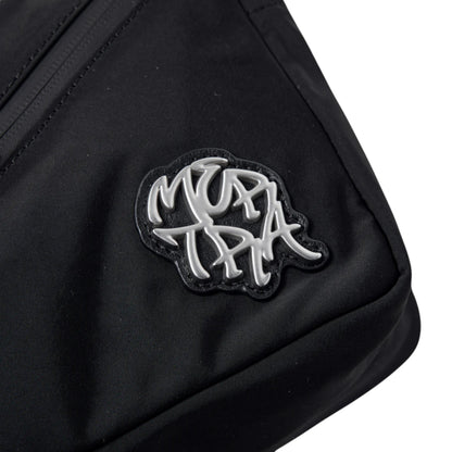 OFFCODE.USA black polyester side bag with adjustable strap, 5 pockets, and metal badge.