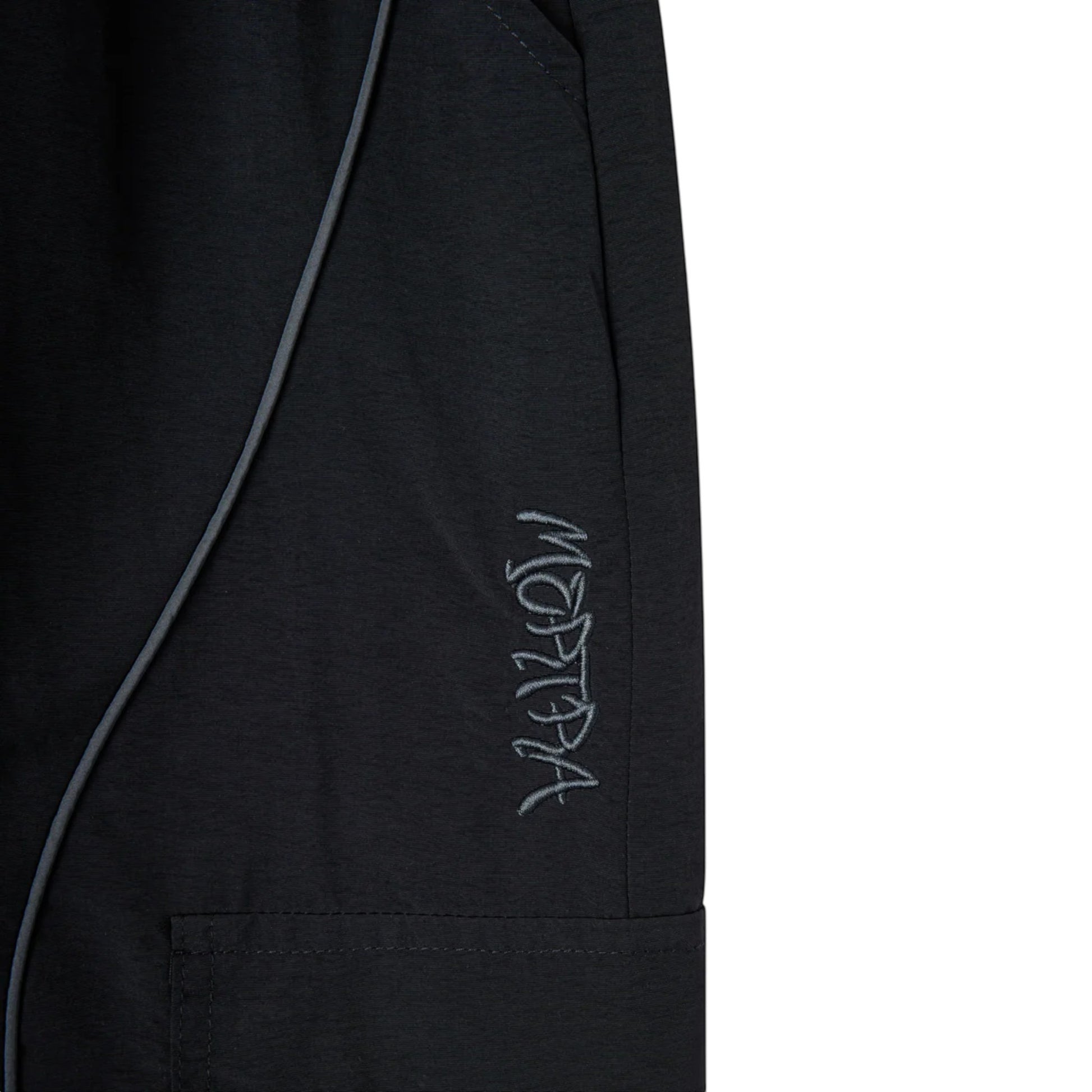 OFFCODE.USA black nylon Pulse shorts with mesh lining, 3D piping, embroidered graphics, and cargo pockets.