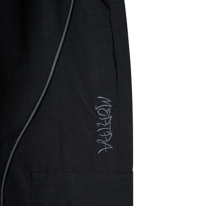 OFFCODE.USA black nylon Pulse shorts with mesh lining, 3D piping, embroidered graphics, and cargo pockets.