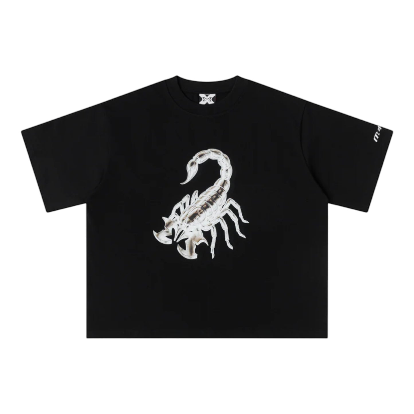 OFFCODE.USA black 100% cotton boxy fit t-shirt with a large metallic scorpion graphic on the front and embroidered text on the sleeve.