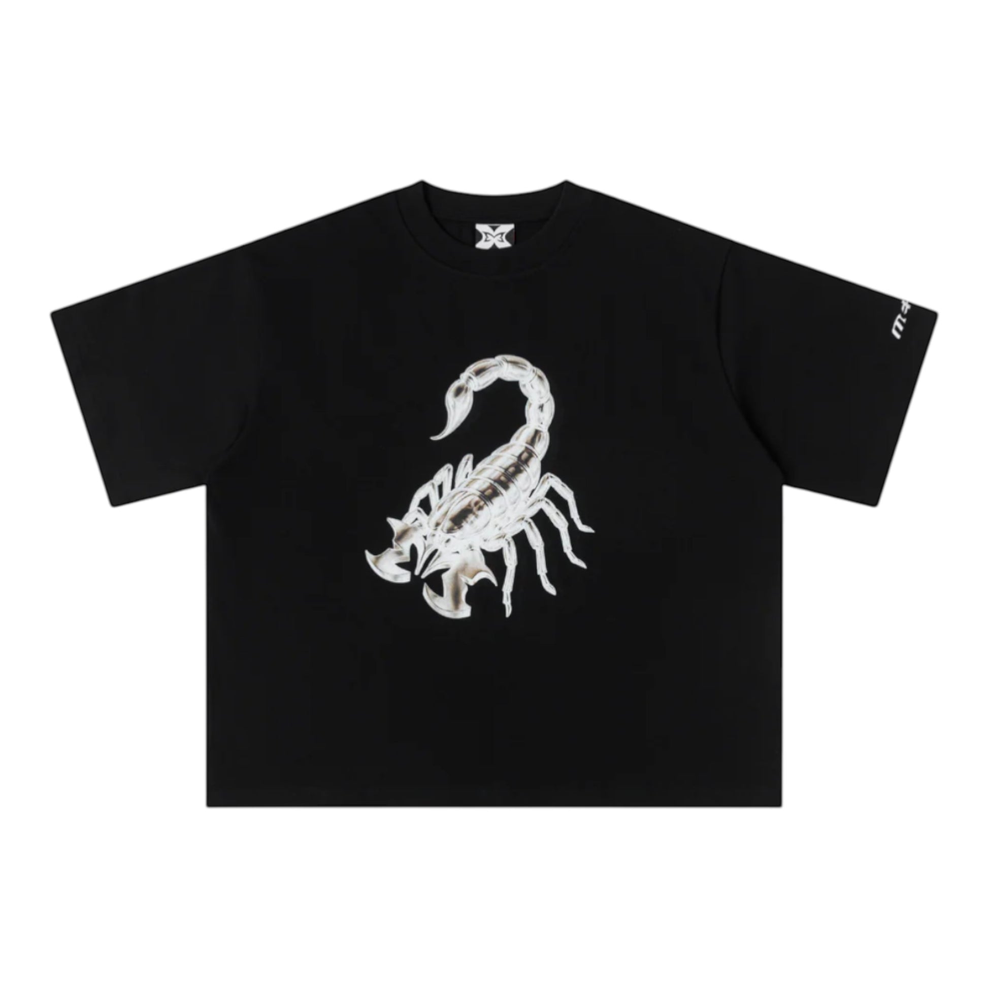 OFFCODE.USA black 100% cotton boxy fit t-shirt with a large metallic scorpion graphic on the front and embroidered text on the sleeve.