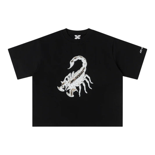 OFFCODE.USA black 100% cotton boxy fit t-shirt with a large metallic scorpion graphic on the front and embroidered text on the sleeve.
