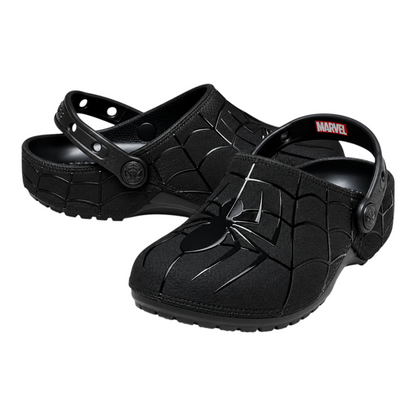 OFFCODE.USA black Spider-Man themed clogs featuring a glossy spider web pattern and Marvel branding on the heel strap.