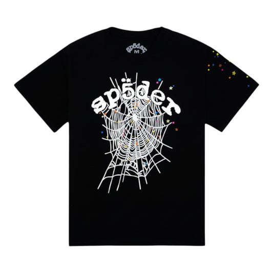 OFFCODE.USA black cotton crew neck t-shirt with white spider web graphic and colorful stars on sleeve.