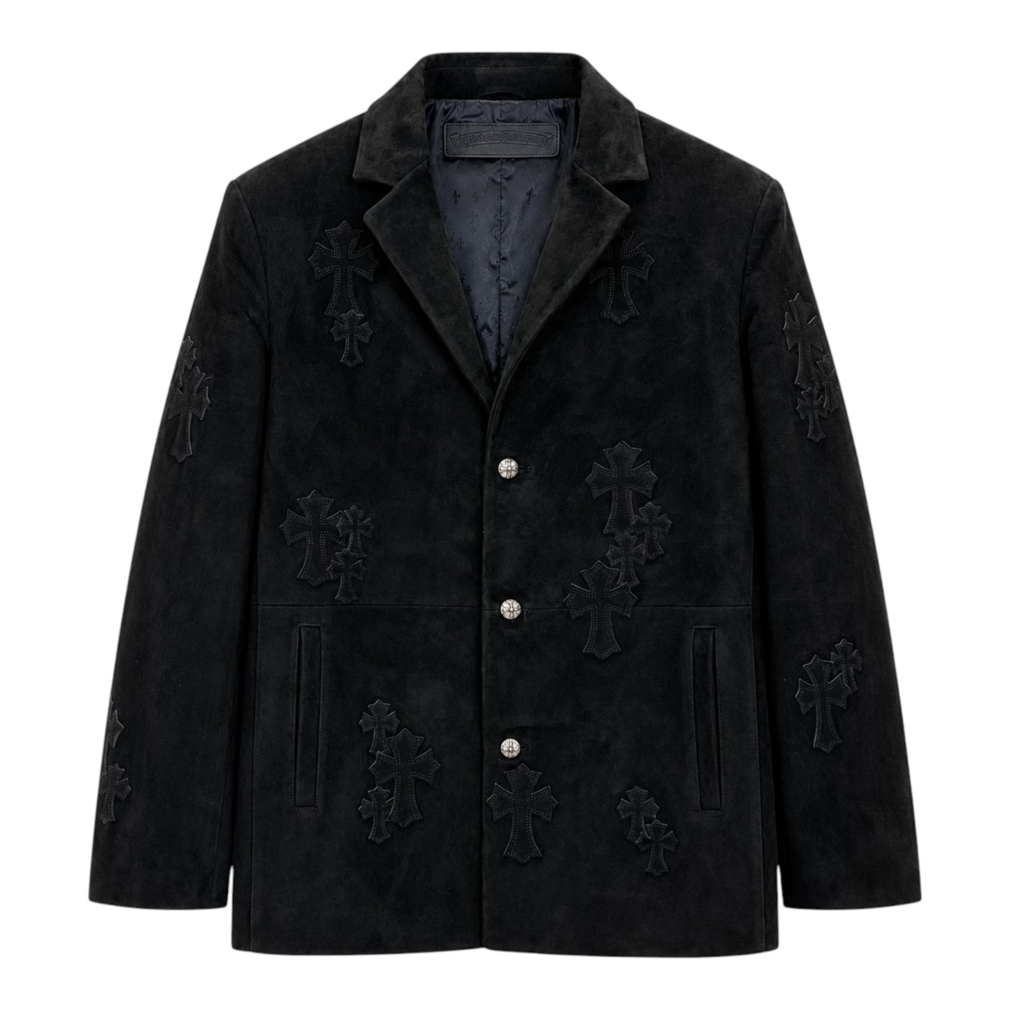 OFFCODE.USA black suede blazer featuring tonal cross patches and decorative silver buttons