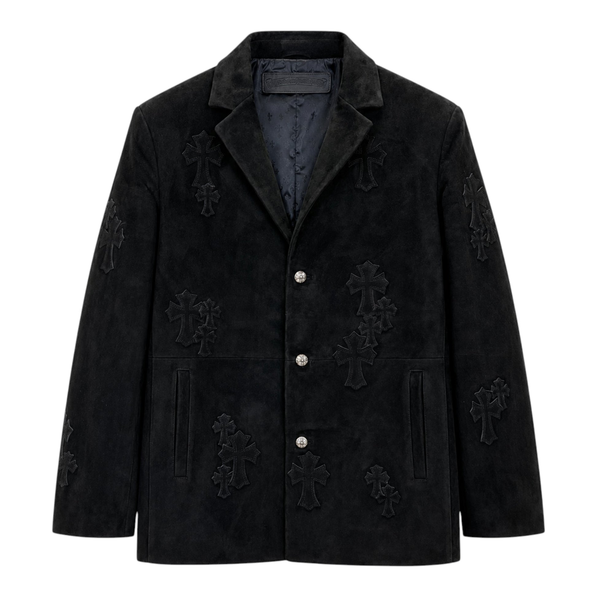 OFFCODE.USA black suede blazer featuring tonal cross patches and decorative silver buttons