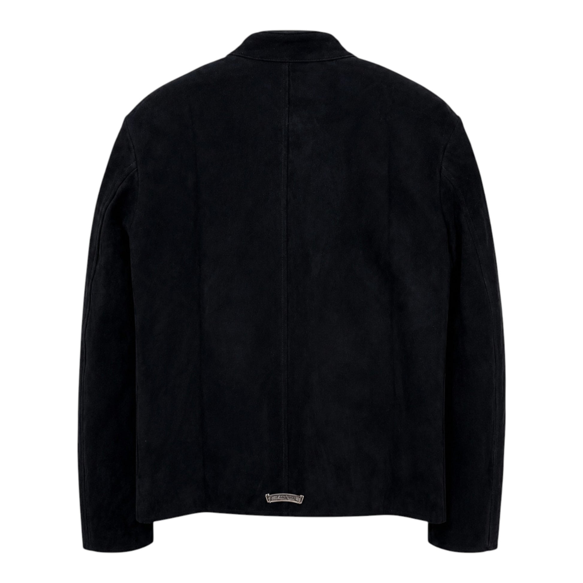 OFFCODE.USA black suede Chrome Hearts zip jacket with silver dagger hardware detail on the back hem