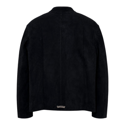 OFFCODE.USA black suede Chrome Hearts zip jacket with silver dagger hardware detail on the back hem