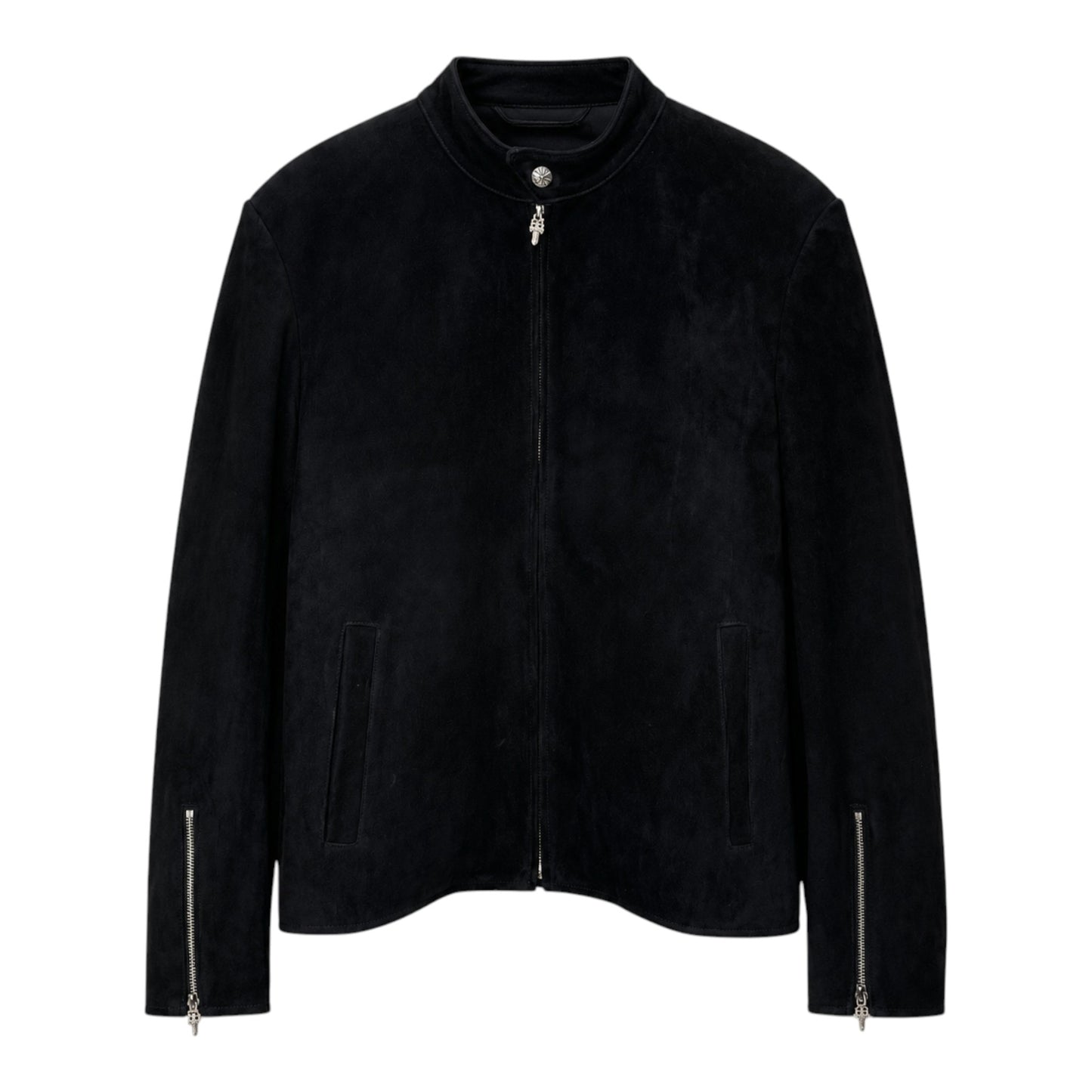 OFFCODE.USA black suede zip jacket featuring a signature silver dagger zipper pull and stand collar.