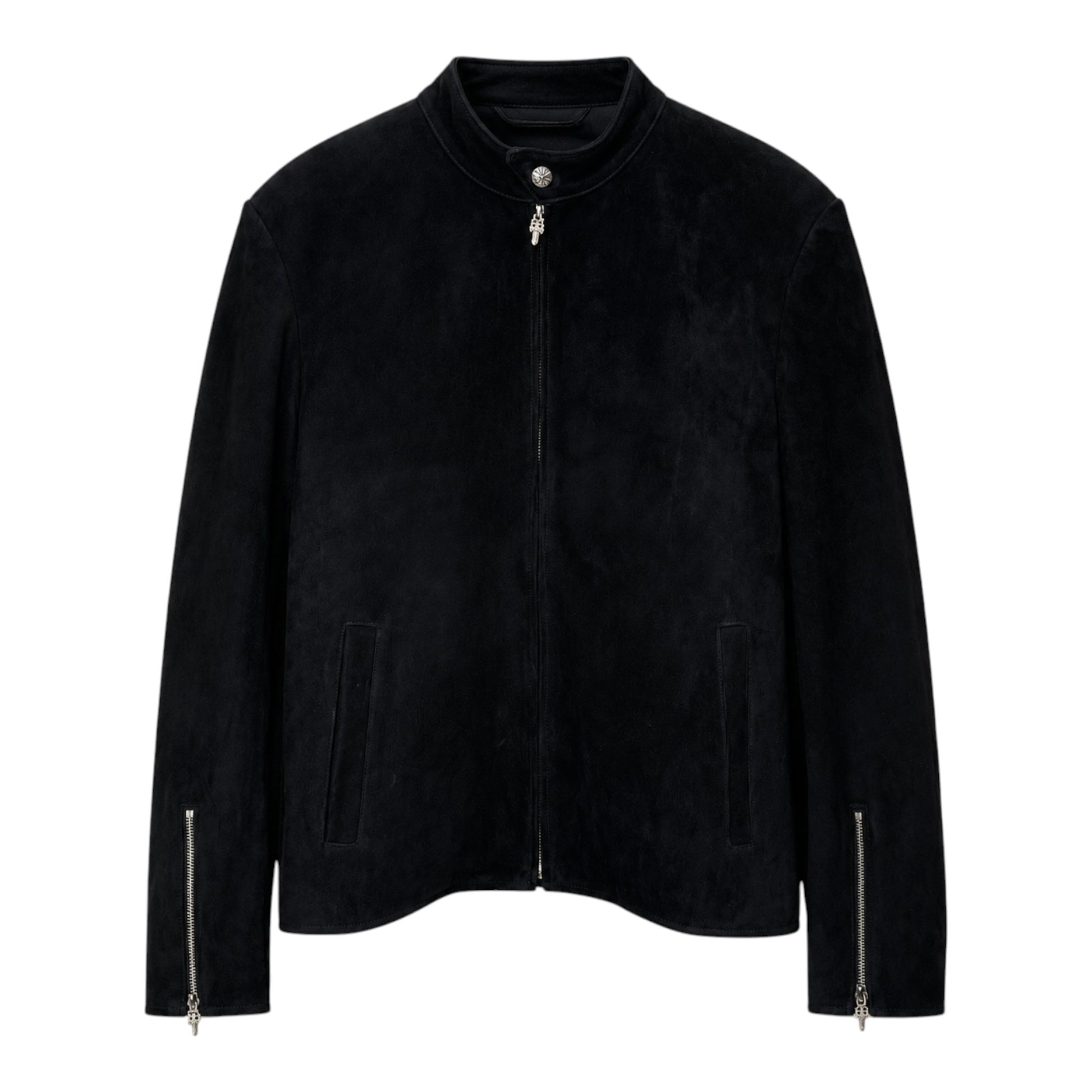 OFFCODE.USA black suede zip jacket featuring a signature silver dagger zipper pull and stand collar.