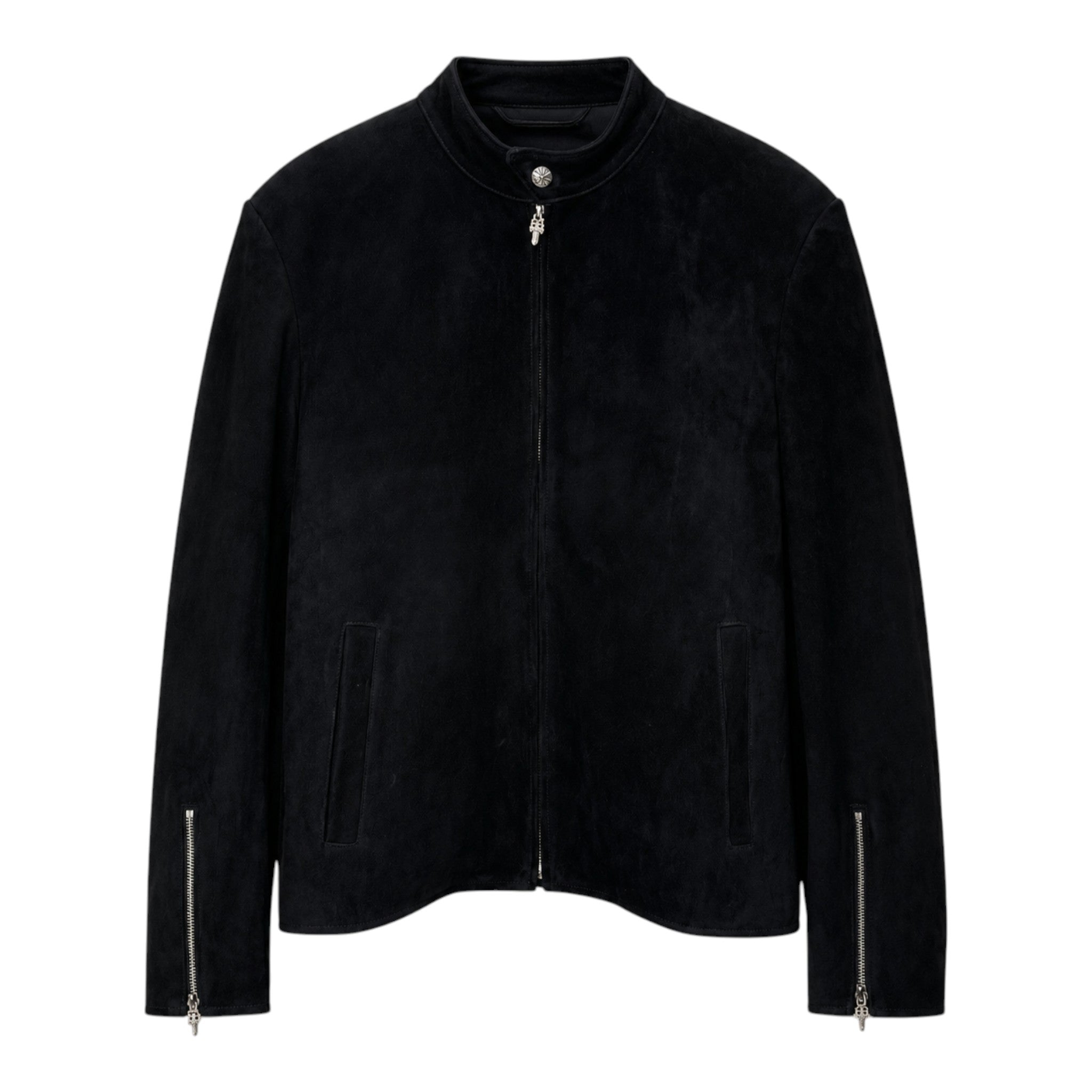 OFFCODE.USA black suede zip jacket featuring a signature silver dagger zipper pull and stand collar.