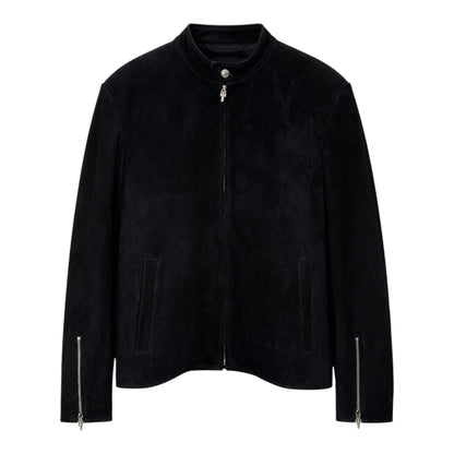 OFFCODE.USA black suede zip jacket featuring a signature silver dagger zipper pull and stand collar.