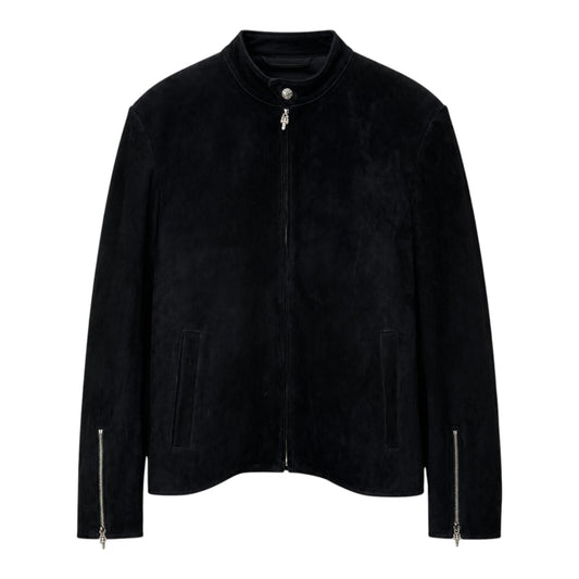 OFFCODE.USA black suede zip jacket featuring a signature silver dagger zipper pull and stand collar.