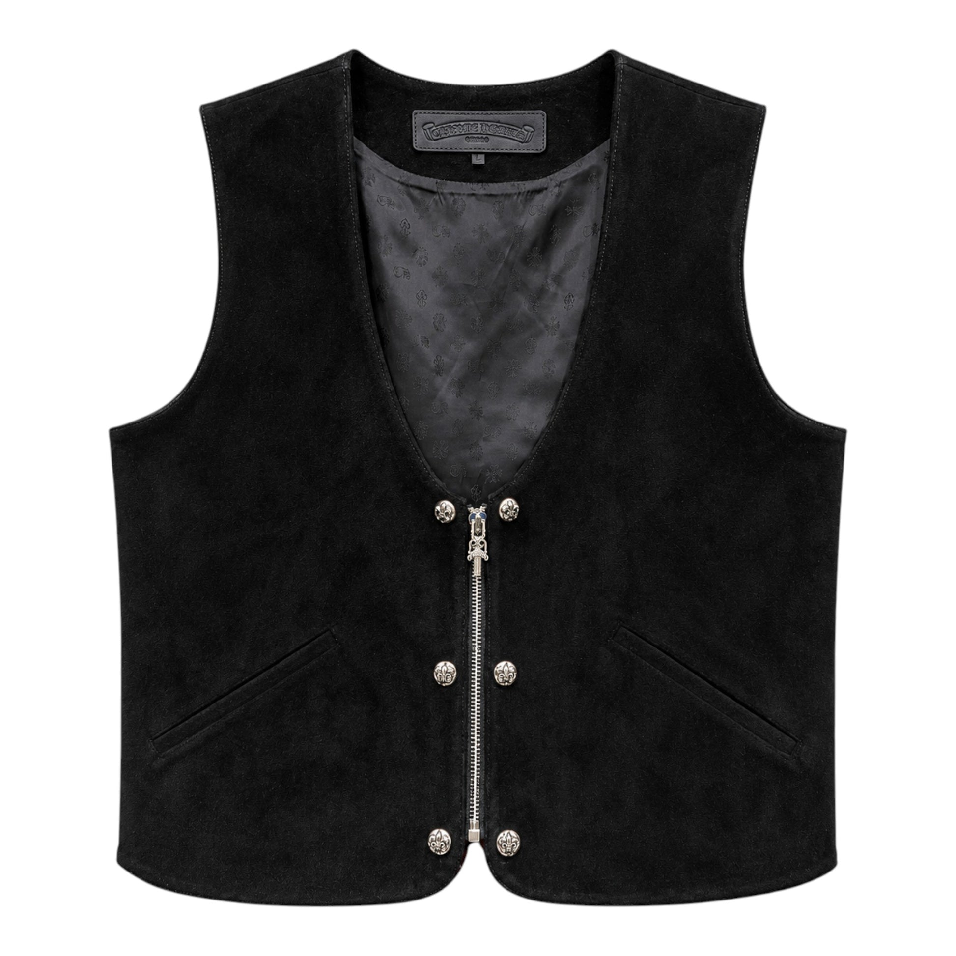 OFFCODE.USA black suede leather vest featuring silver cross-motif buttons and a front zip closure.