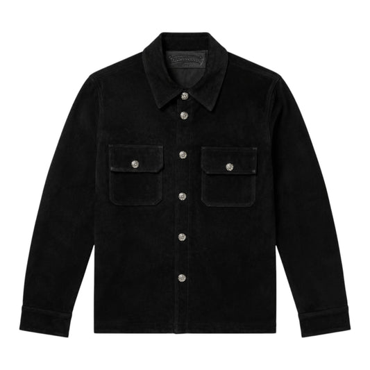 OFFCODE.USA Black Suede Work Dog Shirt Jacket with silver button details and two chest pockets.
