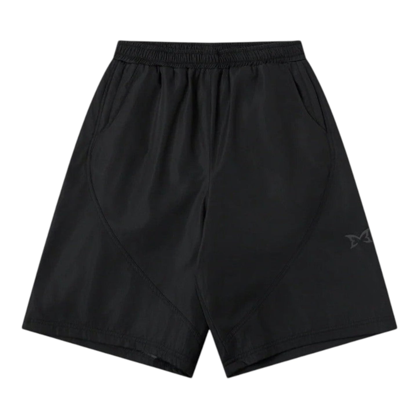 OFFCODE.USA black poly tech shell shorts with mesh lining, interior drawcord, and hidden zipper pockets. Baggy fit.