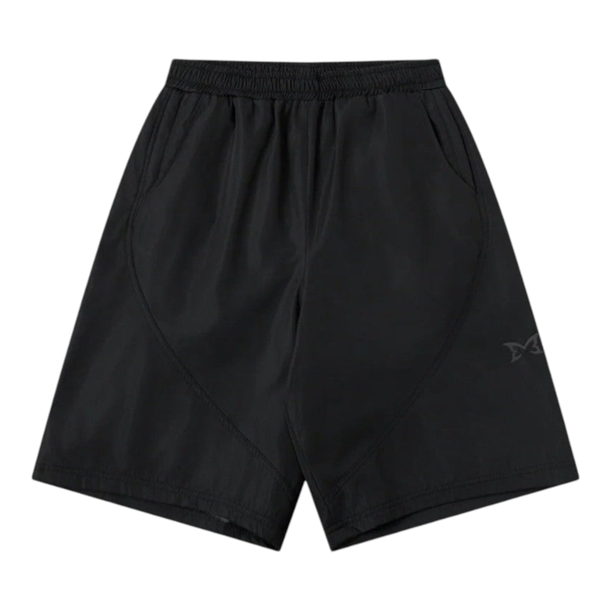 OFFCODE.USA black poly tech shell shorts with mesh lining, interior drawcord, and hidden zipper pockets. Baggy fit.