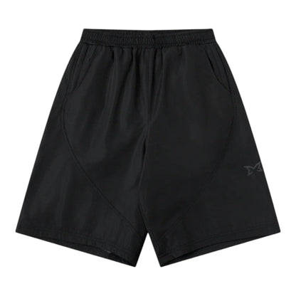 OFFCODE.USA black poly tech shell shorts with mesh lining, interior drawcord, and hidden zipper pockets. Baggy fit.