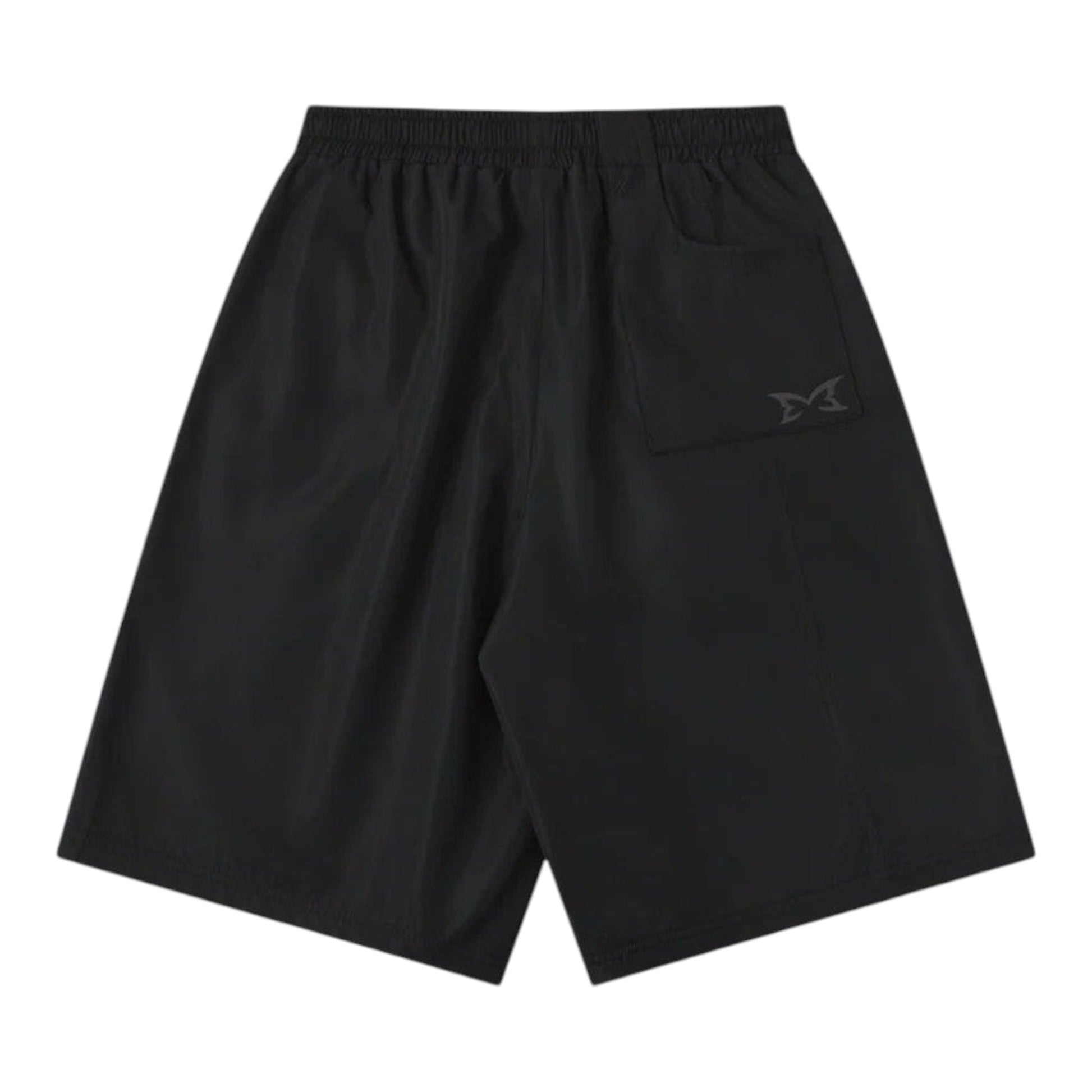 OFFCODE.USA black tech shorts with mesh lining, interior drawcord, hidden zipper pockets, and signature panelling. Baggy fit.