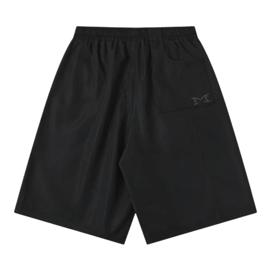 OFFCODE.USA black tech shorts with mesh lining, interior drawcord, hidden zipper pockets, and signature panelling. Baggy fit.