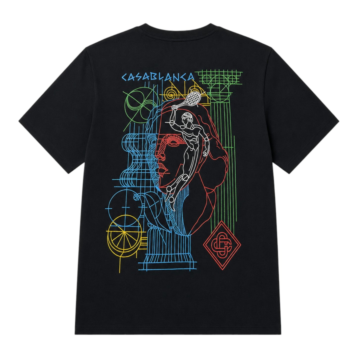 OFFCODE.USA black cotton t-shirt with neon graphic print of a tennis player and abstract design.