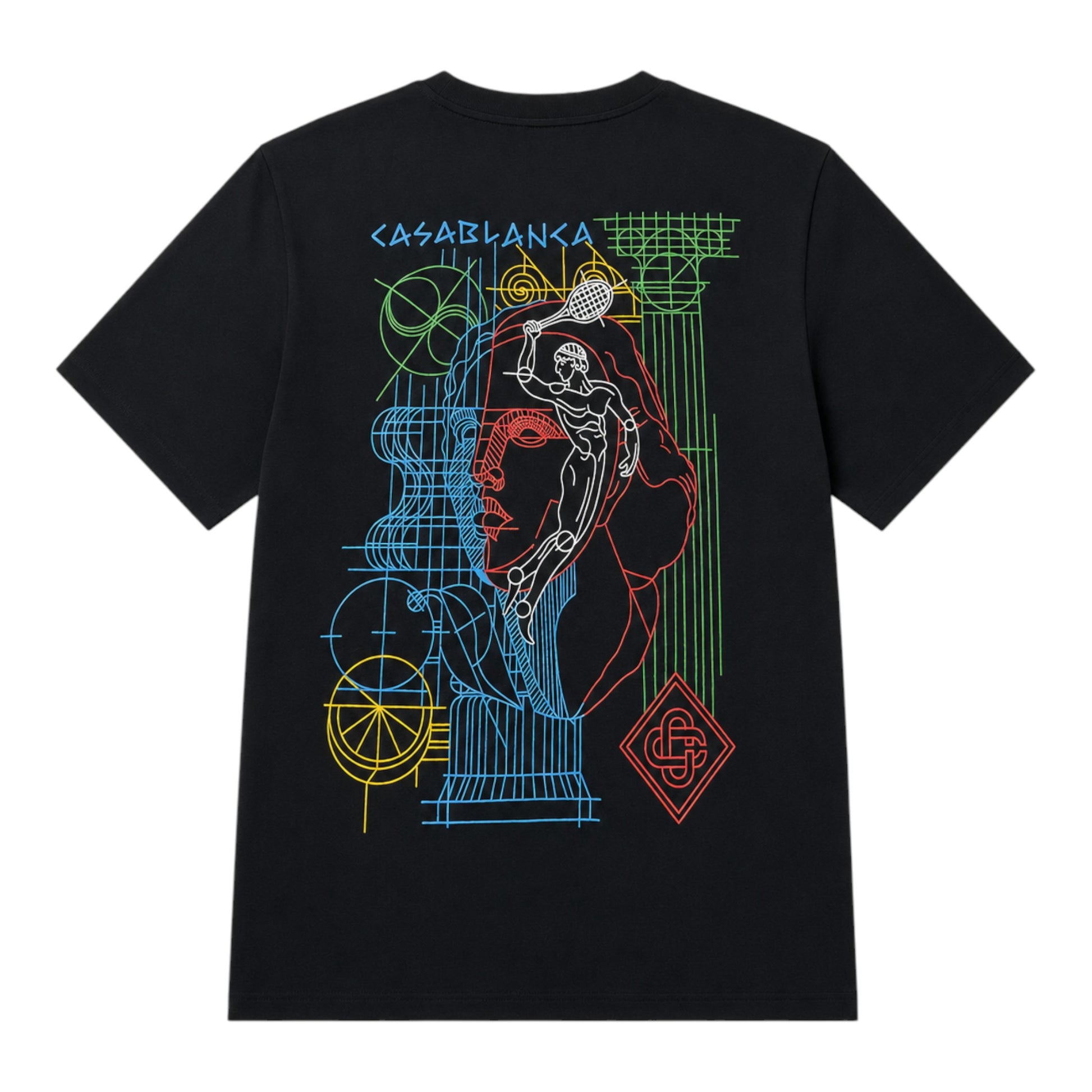 OFFCODE.USA black cotton t-shirt with neon graphic print of a tennis player and abstract design.
