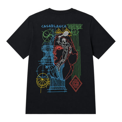OFFCODE.USA black cotton t-shirt with neon graphic print of a tennis player and abstract design.