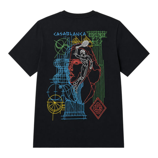 OFFCODE.USA black cotton t-shirt with neon graphic print of a tennis player and abstract design.