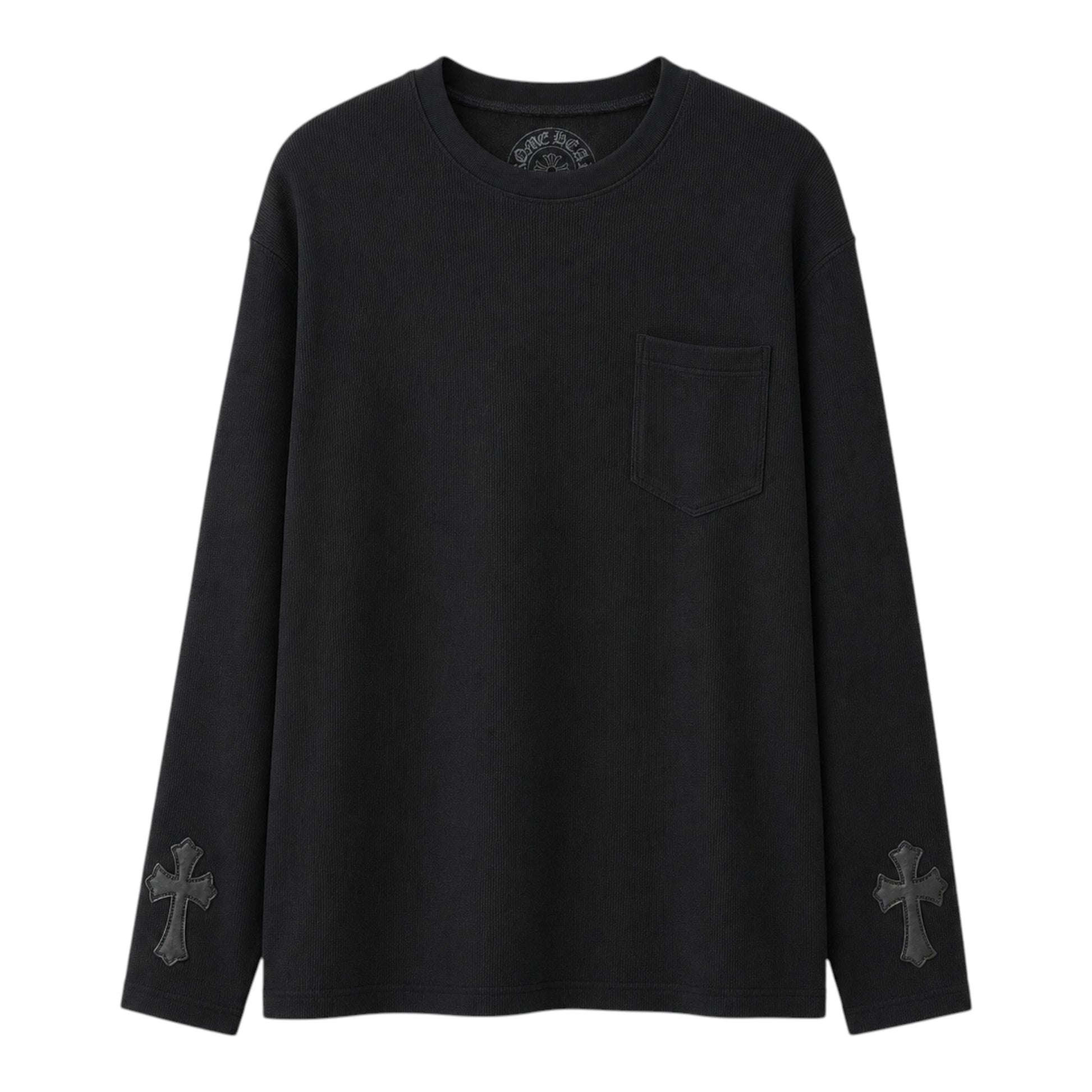 OFFCODE.USA black thermal long sleeve t-shirt featuring a chest pocket and leather cross patches on the cuffs.
