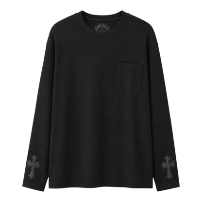 OFFCODE.USA black thermal long sleeve t-shirt featuring a chest pocket and leather cross patches on the cuffs.
