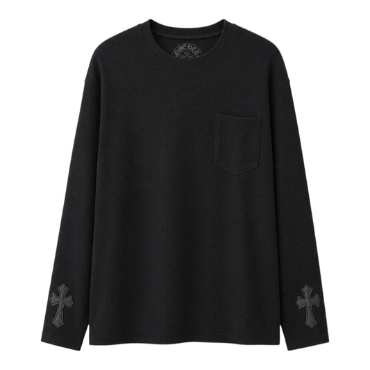 OFFCODE.USA black thermal long sleeve t-shirt featuring a chest pocket and leather cross patches on the cuffs.