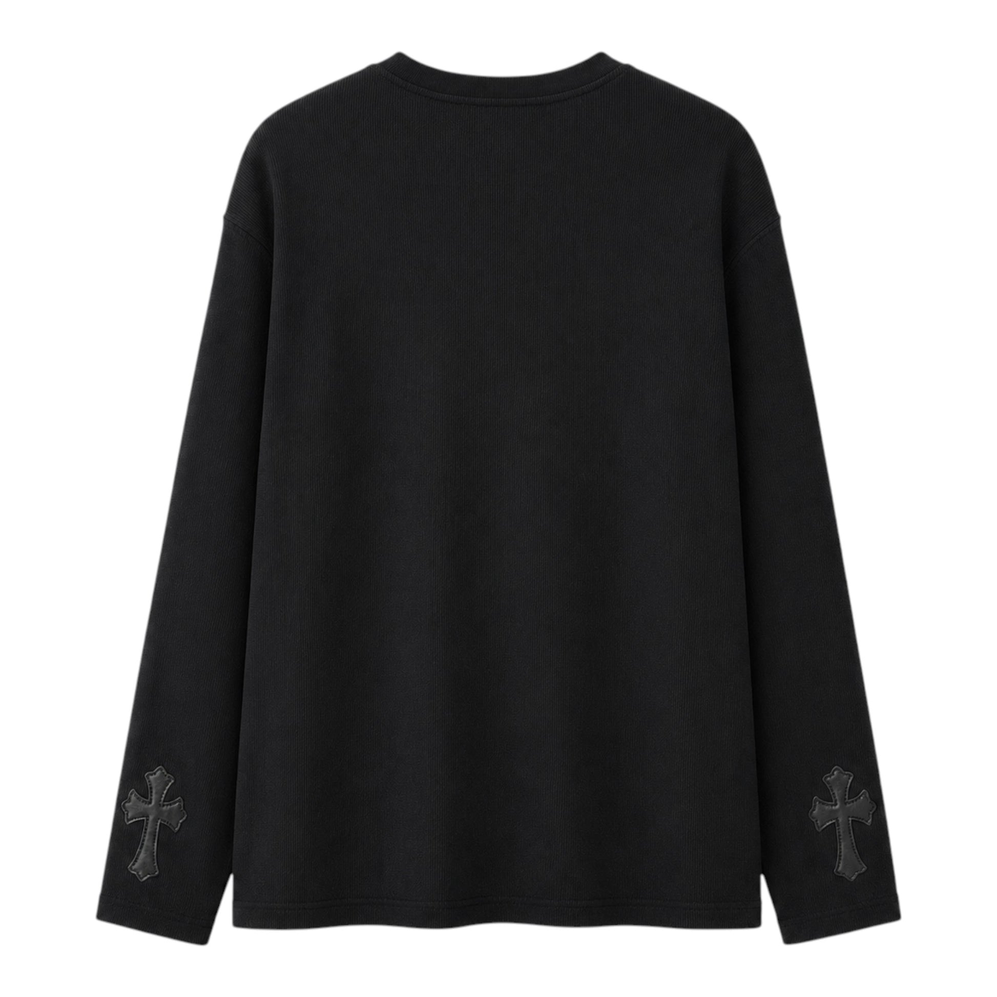 OFFCODE.USA black thermal long sleeve t-shirt featuring leather cross patches on the cuffs