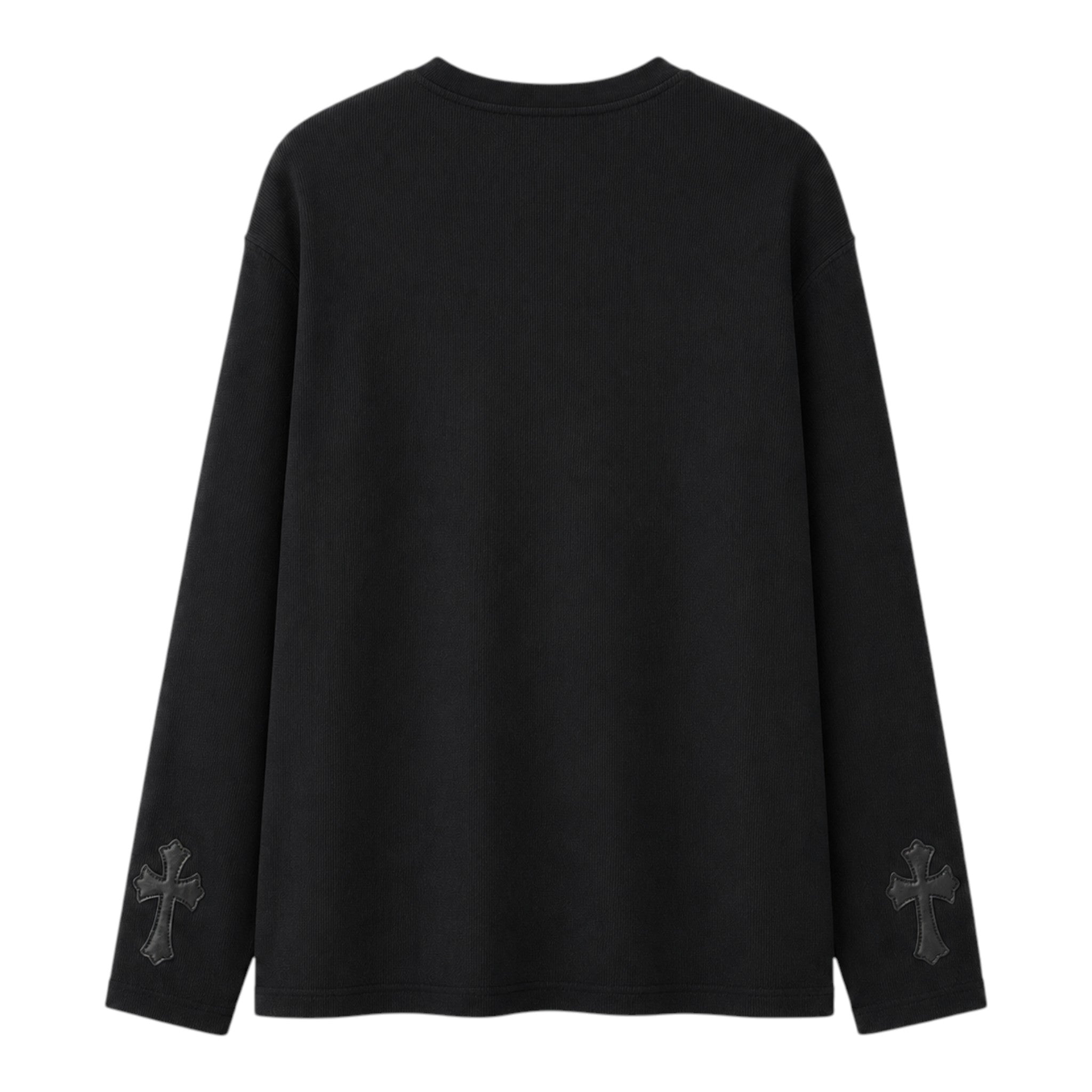 OFFCODE.USA black thermal long sleeve t-shirt featuring leather cross patches on the cuffs