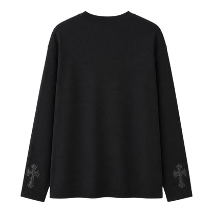 OFFCODE.USA black thermal long sleeve t-shirt featuring leather cross patches on the cuffs
