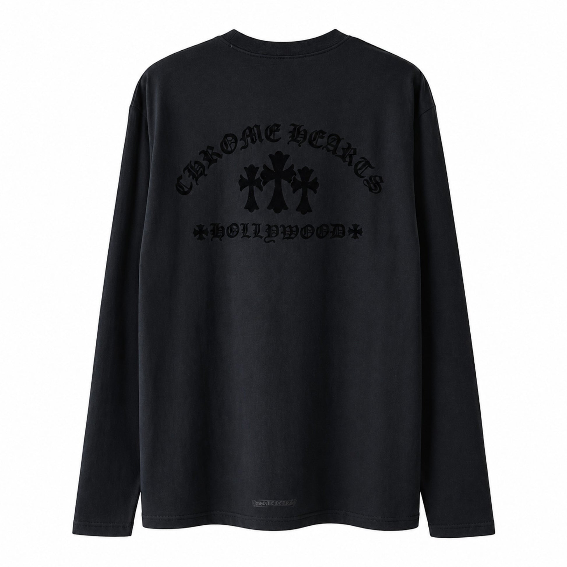 OFFCODE.USA black long sleeve t-shirt featuring a back graphic with triple cross logo and Hollywood text