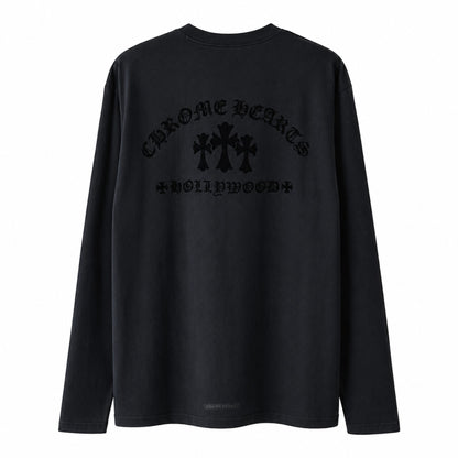 OFFCODE.USA black long sleeve t-shirt featuring a back graphic with triple cross logo and Hollywood text