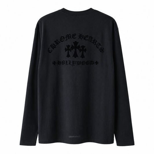 OFFCODE.USA black long sleeve t-shirt featuring a back graphic with triple cross logo and Hollywood text